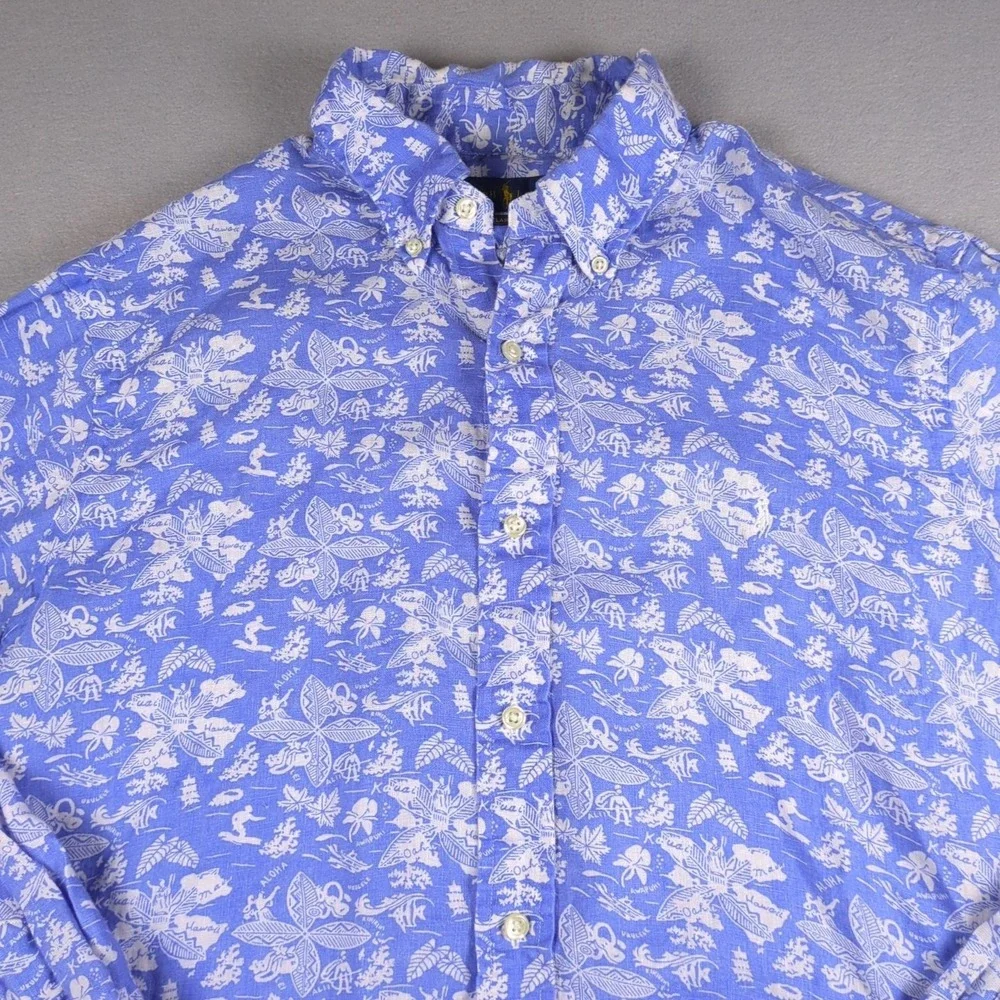 Polo Ralph Lauren Hawaiian Shirt Mens Large Blue White Chambray Long Sleeve
